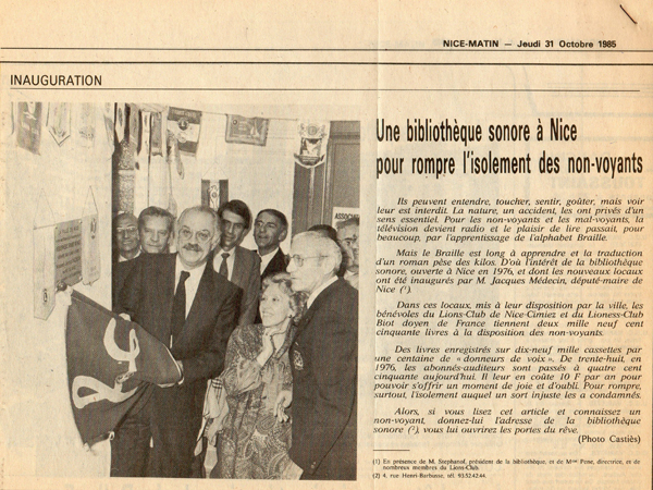 Inauguration des locaux de la Bibliothèque Sonore de Nice en 1985